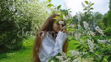 甜美的欧洲女孩正在嗅着一朵盛开的小鸟樱桃，一个缓慢的动作。 一个长着茂盛头发的女人享受大自然